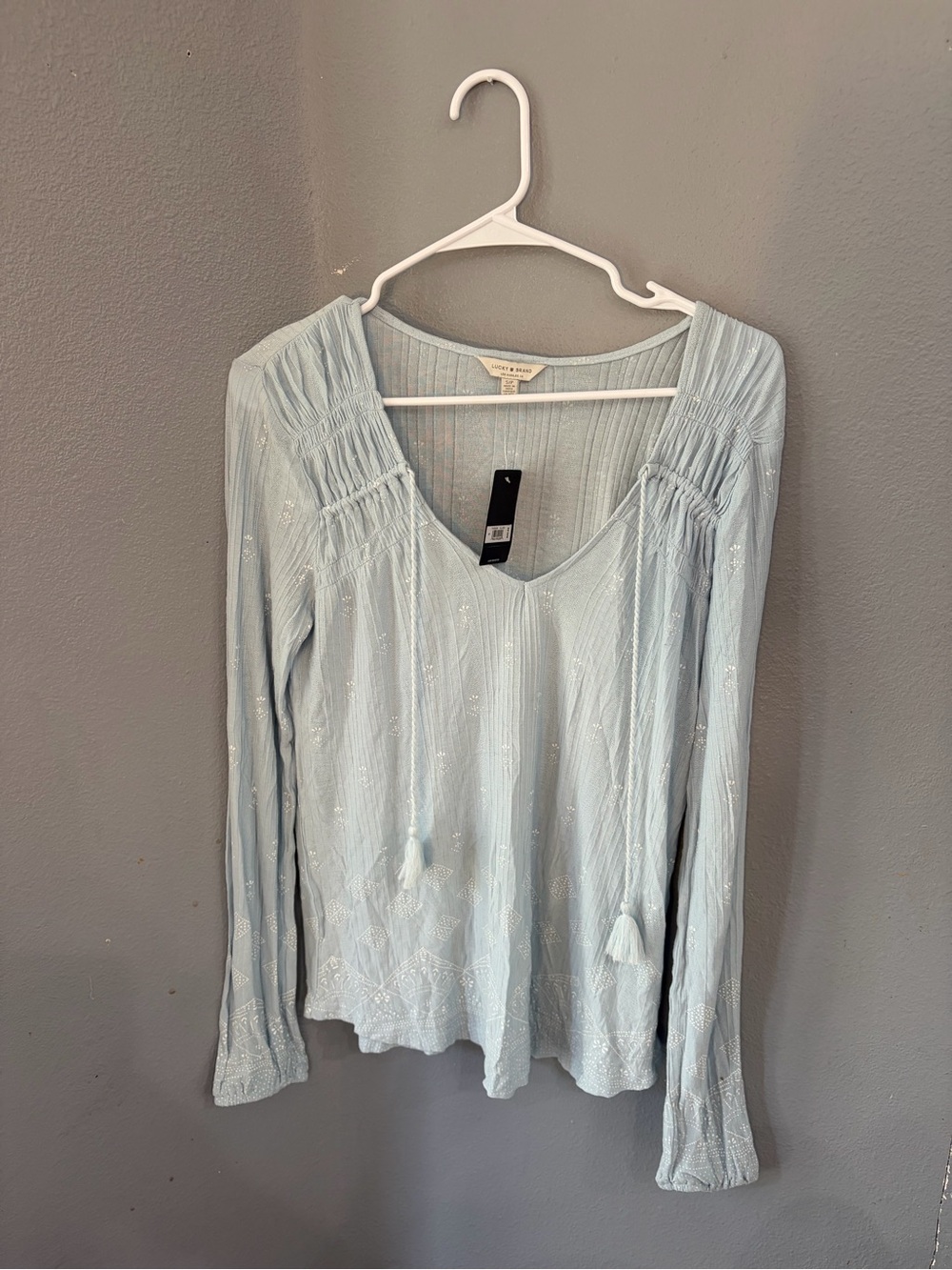 Lucky Brand Pale Blue Embroidered V-Neck Blouse with Tassels small NEW boho